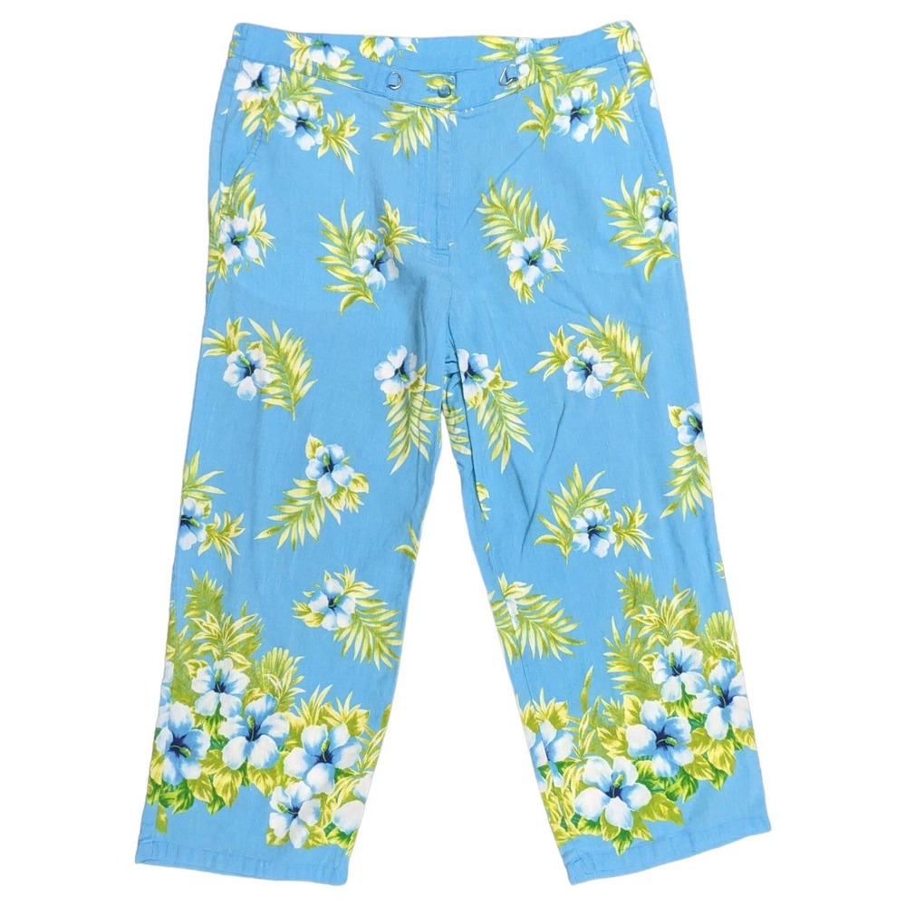 Easy Spirit Tropical Hibiscus Pants Womens 14 Blue Linen Blend Cropped Excellent